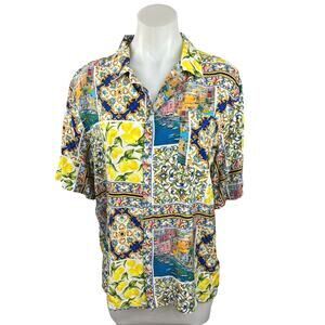 Terez Multicolor Amalfi Floral Print Patchwork Button Up Short Sleeve Shirt Top